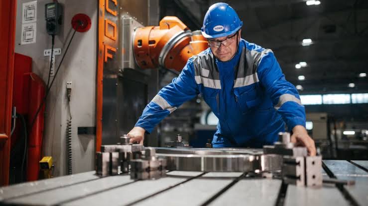 Profissional de uniforme azul e capacete trabalhando em uma máquina industrial